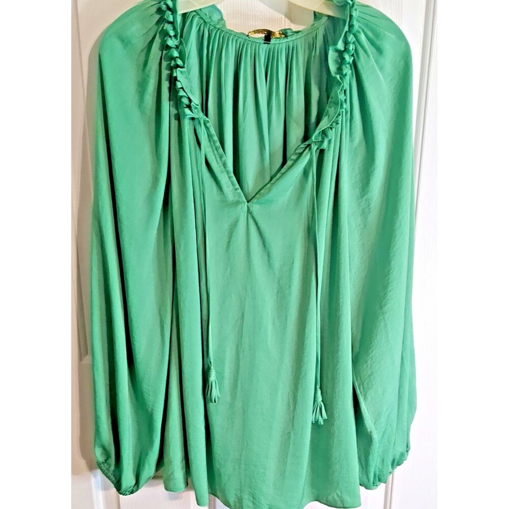 Kobi Halperin Green Peasant Style Tie neck Blouse BOHO Size XXL